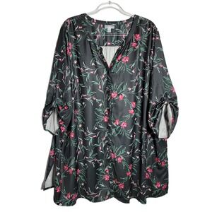 Catherines Black Floral Tunic Plus Size 2X‎ Button Front Top Roll Tab Sleeve